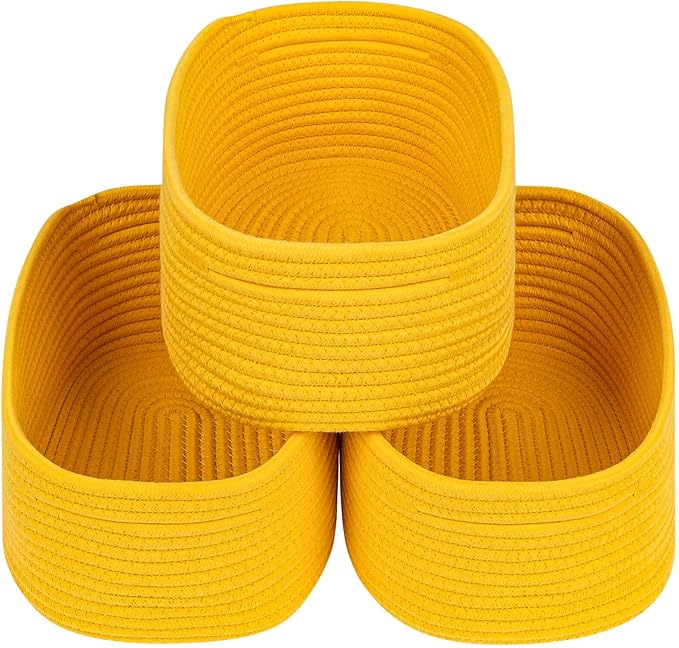 CubesLand Rope Woven Storage Baskets, Small Baby Nursery Organizer Basket, Rectangular Organization/Storage Bins, Closet Shelves Baskets,Empty Gift Basket 3 Packs, Yellow-NeatNest