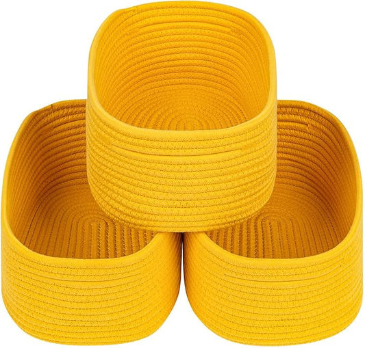 CubesLand Rope Woven Storage Baskets, Small Baby Nursery Organizer Basket, Rectangular Organization/Storage Bins, Closet Shelves Baskets,Empty Gift Basket 3 Packs, Yellow-NeatNest