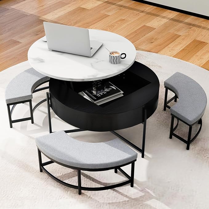 Modern Round Lift-Top Coffee Table with Storage & 3 Ottoman for Living Room White & Black