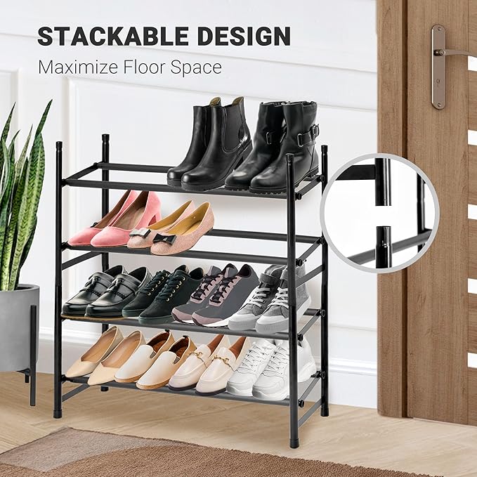 ikloo 2-tier Shoe Rack for Closet and Entryway | Expandable and Stackable Shoes Organizer for Small Spaces | Adjustable Metal Shoe Shelf for Shoe Storage | Fit Up to 18 Pairs of Shoes | Black-NeatNest