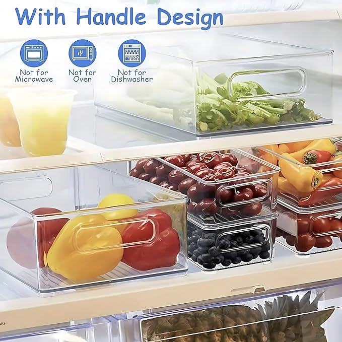 6 Pack Refrigerator Organizer Bins,3 Sizes Clear Pantry Storage with Handles and 30 PCS Plastic Bags for Fridge, Freezer, Shelves, Drawer, Bins, Snack Organizer for Home & Kitchen