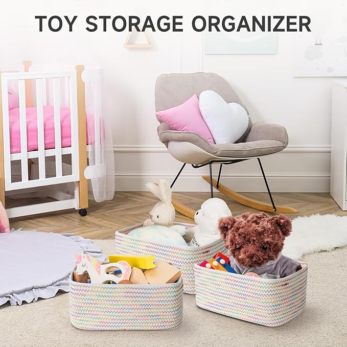 3-Pcs Shelf Baskets for Organizing, Closet Organizer Bins, Small Woven Baskets, Rope Toy Basket, Storage Basket for Shelves, Cube Decorative Box, 11.5×7.5×4.7”, Rainbow-NeatNest