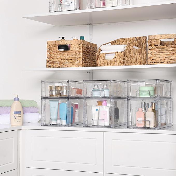 Vtopmart 6 Pack Clear Stackable Storage Drawers,Easy to Assemble Bathroom Organizers and Storage with handles,Plastic Drawers for Kitchen Pantry,Cabinet,Under Sink Organization-NeatNest