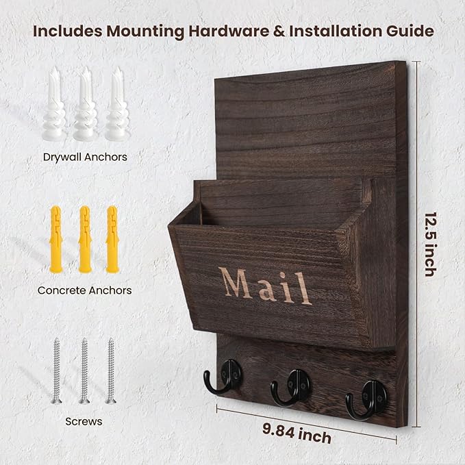 Mail and Key Holder - Decorative 9.8" x 12.5" Wall Key Hanger with 2 Mail Organizer Slots and 3 Hooks - Real Paulownia Wood with Keyhole Brackets, Hardware and Instructions (Brown)