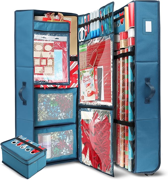 Hearth & Harbor Wrapping Paper Storage Container with Ribbon Dispenser and Interior Pockets - Large Christmas Storage Containers with Wheels, Fits 30 Rolls of 40" Length, Blue-NeatNest