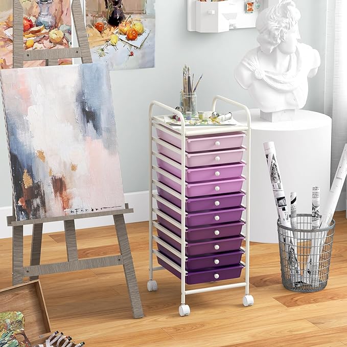 Giantex 10-Drawer Storage Cart w/Universal Wheel, Rolling Cart w/Handle, Home Organizer Storage Unit w/Removable Drawers, Trolley Utility Cart for Kitchen Makeup Living Room Office Play Room