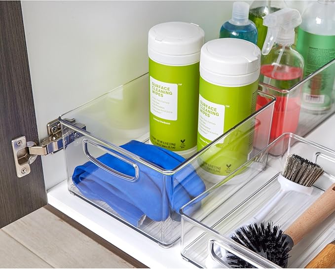 InterDesign iDesign Plastic Stackable Pantry Bin - Organizer Bin with Handles for Cabinets or Fridge - Set of 4 - Clear