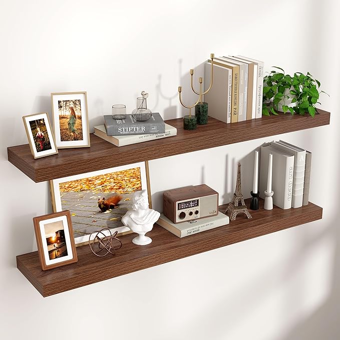 Floating Shelves for Wall, 48"W x 9"D x 1.5"H, 2 Pack of Long Wall Mounted Engineered Wood Shelves with Invisible Brackets for Living Room, Bedroom, Bathroom, Kitchen Decor and Storage, Walnut-NeatNest