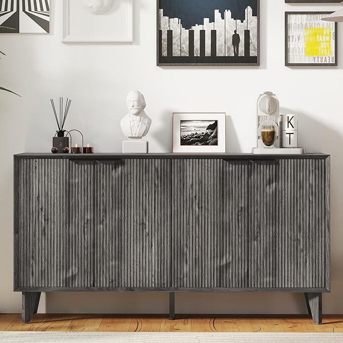 Fluted Cabinet with Storage, Buffet Sideborad with 4 Doors Kitchen Buffet Storage Accent Cabinet with Adjustable Shelves for Living Room, Entry, Hallway, Black&Grey