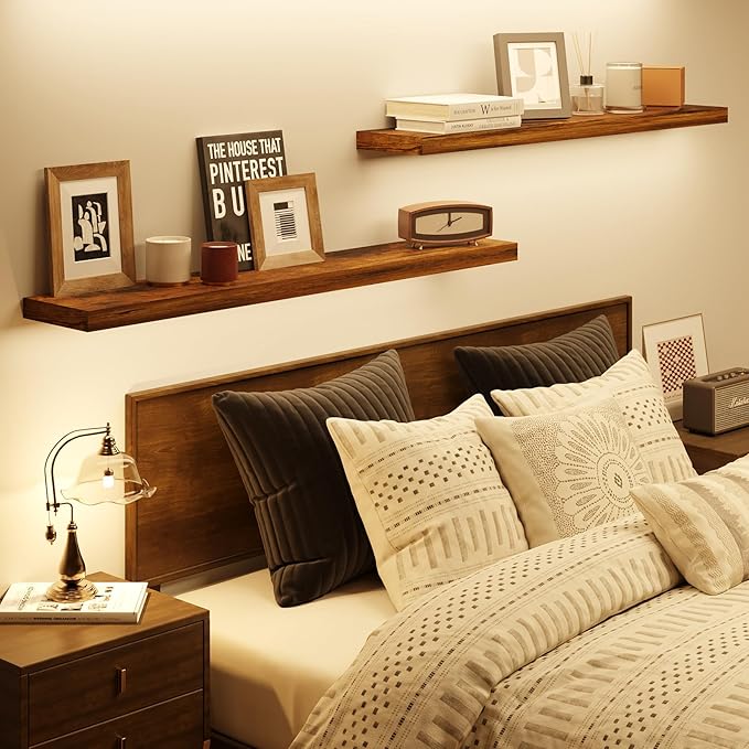 BAMEOS Floating Shelves,40 in W x 7in D Wall Mounted Wooden Shelves with Invisible Brackets Set of 2, Hanging Wall Shelves Decoration for Bedroom, Bathroom, Living Room and Kitchen,Rustic Brown-NeatNest