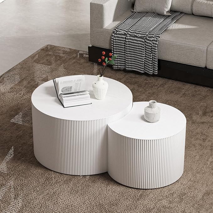 Round Nesting Coffee Table,Modern Fluted Coffee Tables Set of 2, Circle Vertical Stripe Design Drum Center Table Crescent Side Accent and Tables for Living Room (White)