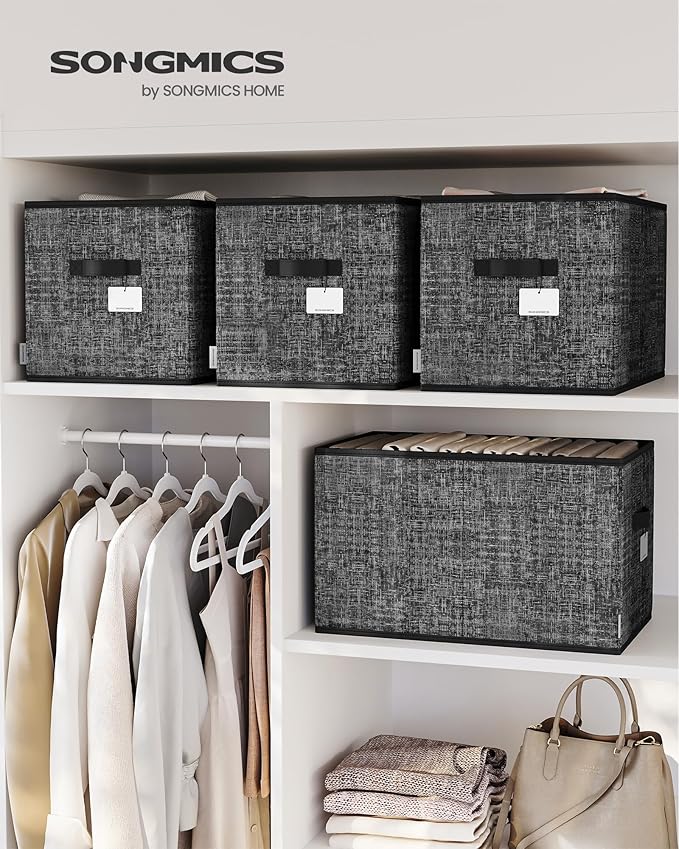 SONGMICS Storage Baskets, Set of 3 Fabric Storage Bins, 19.7 x 11.8 x 11.8 Inches, Foldable Closet Organizer for Shelves, 2 Handles, Label Holders, for Bedroom, Living Room, Ink Black UROB450B01