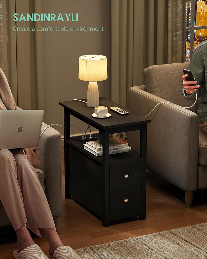 Sandinrayli End Table with Charging Station, Side Table with 2 Drawer & USB Ports & Power Outlets, Nightstand for Small Spaces, Bedside Tables for Living Room Black