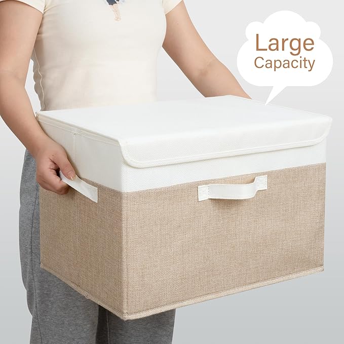 GRANNY SAYS Storage Boxes with Lids, Decorative Storage Bins, Shelf Baskets, Clothes Storage and Organization, White/Khaki, 2-Pack-NeatNest