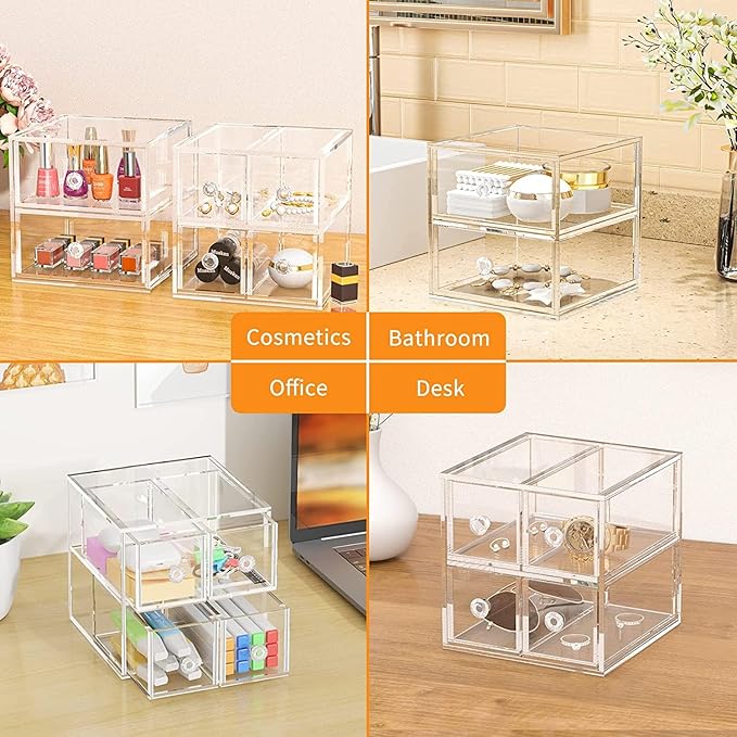 Acrylic Jewelry Box Clear Jewellery Storage Drawer Transparent Cosmetic Display Stand Holder Home Organizer Tray for Earring Necklace Rings Bracelet Makeup (2 drawer)-NeatNest