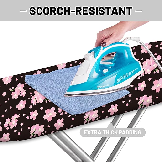 Extra Thick Ironing Board Cover and Pad, Cherry Blossoms 15x54 Ironing Board Cover, Resist Scorching and Staining,Elastic Edges,Pink Floral Leaves Spring Flower White
