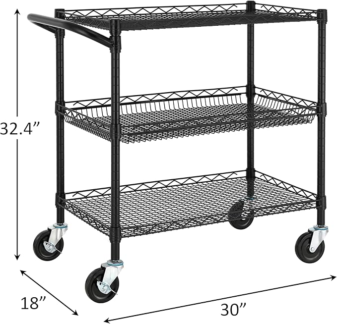 Finnhomy 3 Tier Heavy Duty Commercial Grade Utility Cart, Wire Rolling Metal Trolley with Handle Bar, Steel Kitchen Service Cart with Wheels, Food Storage Trolley on Wheels, NSF Listed, Black