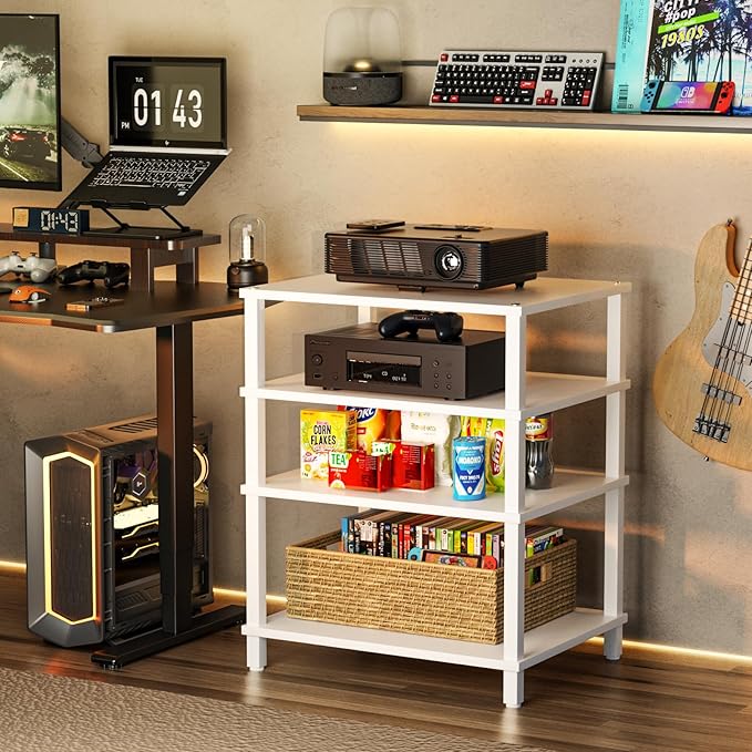 4-Tier AV Media Player Stand, White Stereo Cabinet, Modern Stereo Cabinet, Wooden TV Stand,Game Console Shelf, Multifunctional Entertainment Center, Suitable for Home, Conference Room, Game Studio,-NeatNest