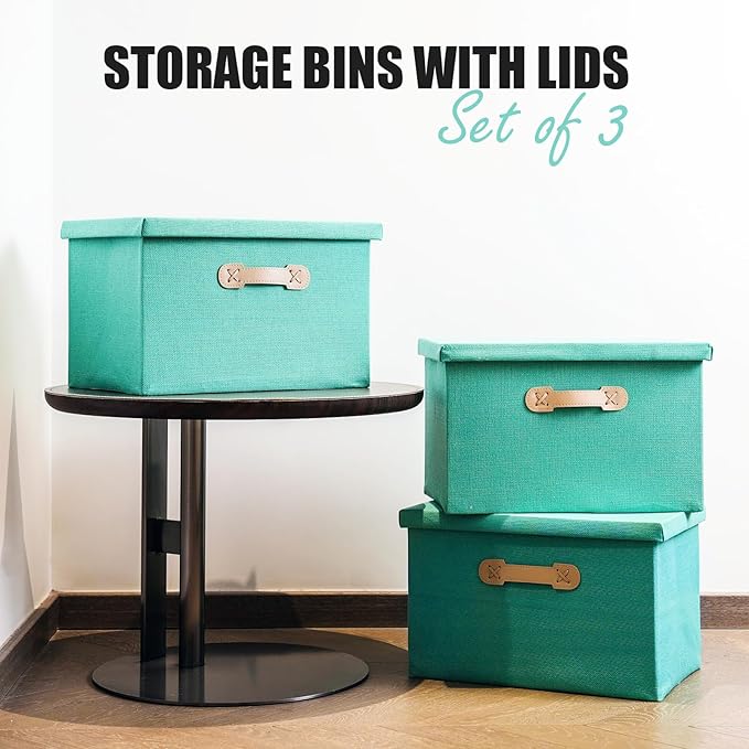 Enzk&Unity Decorative Storage Bins with Lids, Fabric Linen Foldable Storage Box with Handle Home Organizer for Shelf, Closet, Bedroom, Living Room, Office, 3 Packs, Teal-NeatNest