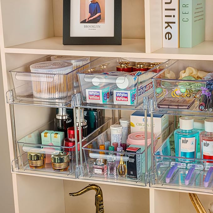 1Pack 2-Tier Bathroom Storage Organizer, Clear Under Sink Organizers Kitchen Vanity Counter Storage Container, Medicine Cabinet Drawers Bins, Pull-Out Organization with Track for Pantry-NeatNest