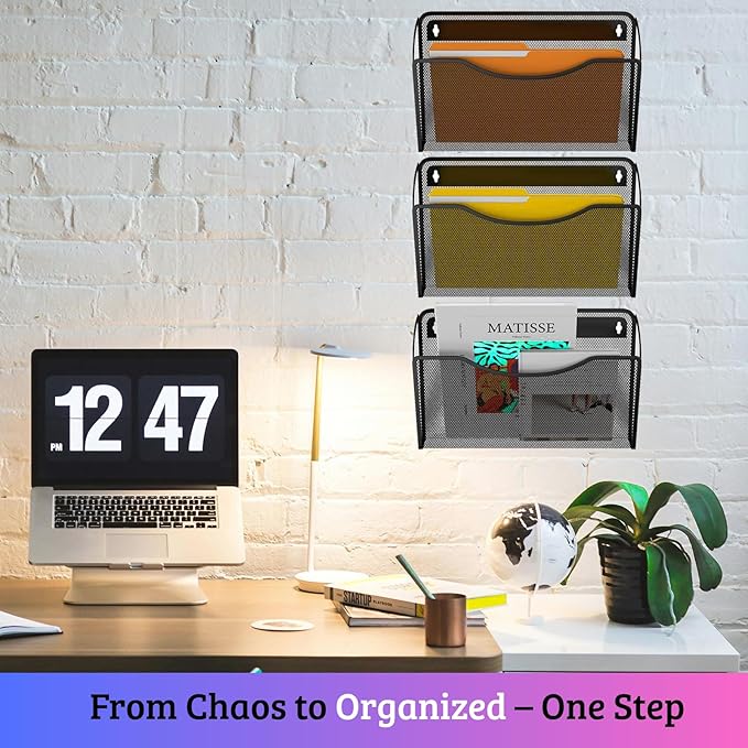 3 Single Pocket Mesh Wall File Organizer, Metal Vertical Wall Mounted Magazine Mail Paper Document Folder Holder for Office Home School, Black