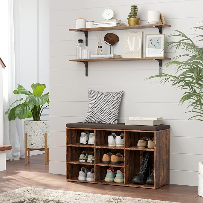 DINZI LVJ Shoe Storage Bench with Cushion, Cubby Rack with 9 Cubbies, Adjustable Shelves, Multifunctional Organizer Bench for Entryway, Mudroom, Hallway, Closet and Garage, Rustic Brown-NeatNest