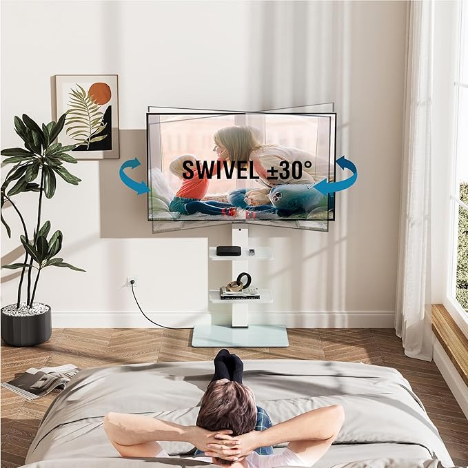 FITUEYES Floor TV Stand for 32-75 inch TV with Power Outlet, Tall TV Mount for Bedroom Living Room with Tempered Glass Base, TV Stand with Mount Holds Up to 88lbs MAX VESA 600x400mm,White-NeatNest