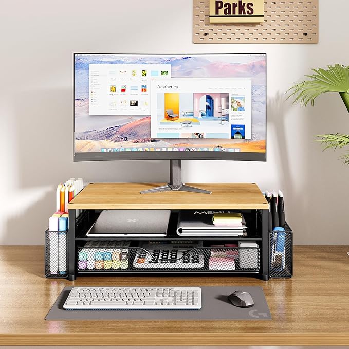 Desk Organizers and Accessories, 2-Tier Computer Monitor Stand Riser with Drawer and 2 Pen Holders, Laptop Stand, Office Desk Accessories for Office Supplies, Oak
