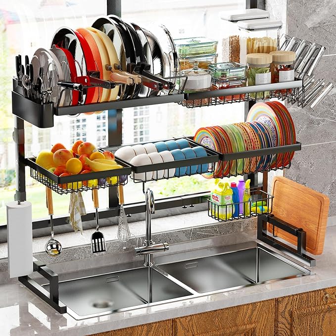 ADBIU Over Sink Dish Drying Rack (Expandable Height/Length) Snap-On Design Large Dish Drainer Storage Counter Organizer 32-40L x 12W x 34-38H (inches)