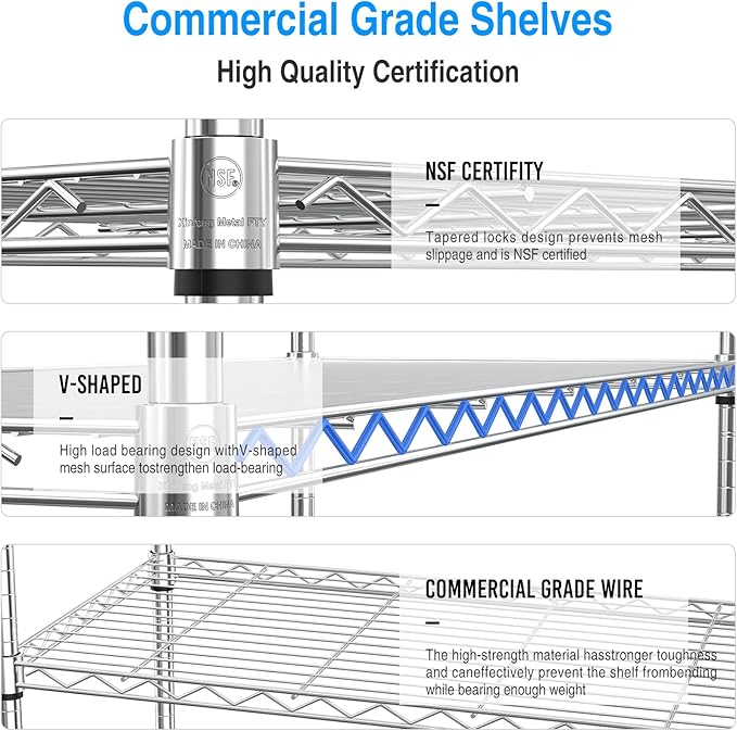 3 Tier NSF Wire Shelf Shelving Unit, 18 x 48 x 48 Inch 1050lbs Capacity Heavy Duty Adjustable Storage Metal Rack with Leveling Feet & Shelf Liners, Ideal for Garage, Kitchen, Office and More - Chrome