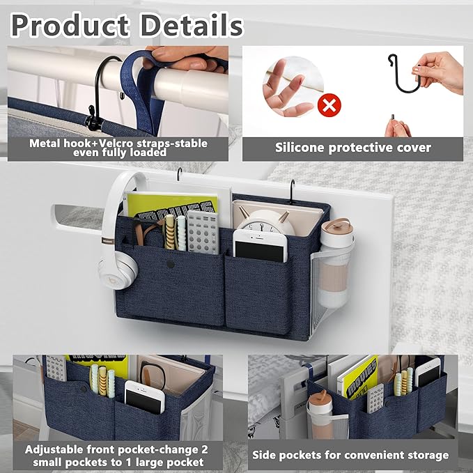 Bedside Caddy Bedside Organizer with Fixed Straps & Water Bottle Holder, Bunk Bed Caddy ideal for Home, Dorm, Hospital, Crib, Versatile Bedside Storage Solution (Navy 2pcs)-NeatNest