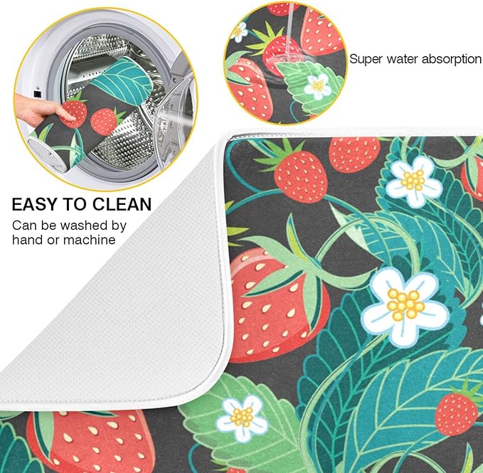 Absorbent Dish Drying Mat for Kitchen Counter - Strawberry Leaves Microfiber Drying Pad, Reversible Drainer Mats for Countertop, Large 18" x 24"