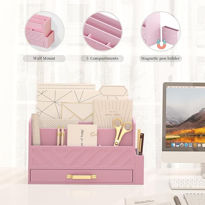 Bamboo Desk Organizer Mail Holder Countertop Wood Desk Drawer Tabletop Storage Box Pen Holder Letter Sorter Makeup Organizer for School Home Office Supplies with Pen Holder Pink-NeatNest