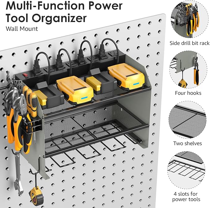 CCCEI Set Power Tool Organizer Wall Mount with Charging Station. Garage 4 Drill Storage Shelf with Hooks, Heavy Duty Metal Tool Battery Charger Organizer. Shop Utility Rack with Power Strip Grey.-NeatNest