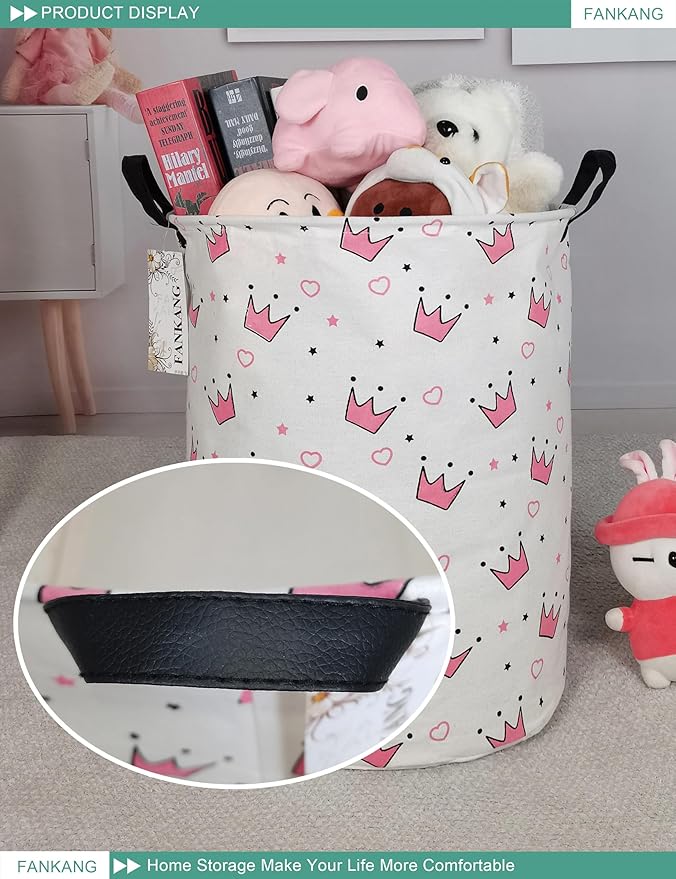 FANKANG Storage Basket, Nursery Hamper Canvas Laundry Basket Foldable with Waterproof PE Coating Large Storage Baskets for Kids Boys and Girls, Office, Bedroom, Clothes,Toys(pink crowns)