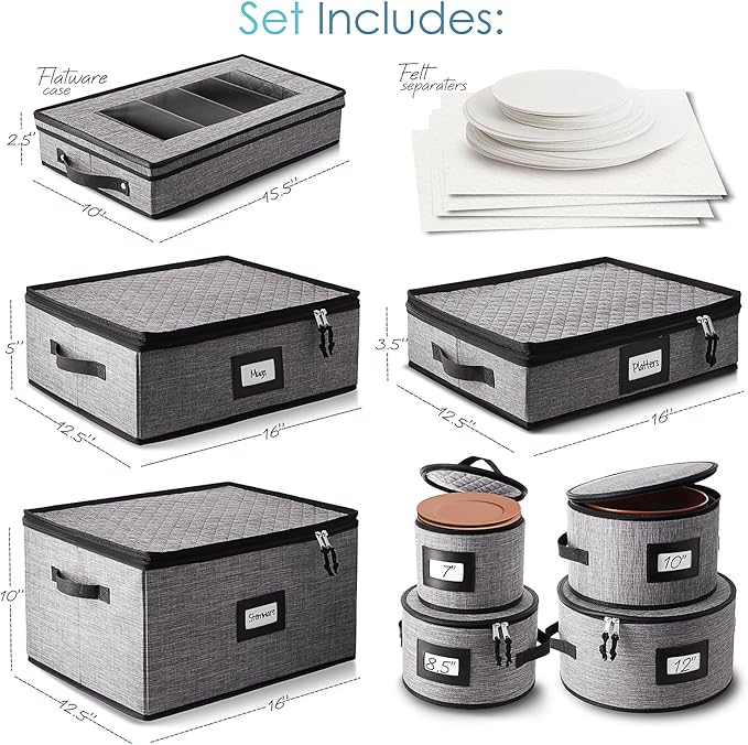 Fine China Storage Containers, 8 Piece Quilted Dish Storage Containers for Flatware & Utensil, Mug, Platter and Wine Glass with Felt Dividers, Durable Dinnerware Dish Organizers for Moving, Grey-NeatNest