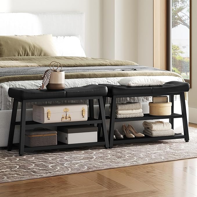 Shoe Bench, 3-Tier Shoe Rack, Entryway Bench with Storage and Cushion, for Hallway, Foyer, Bedroom, Black HX02BB