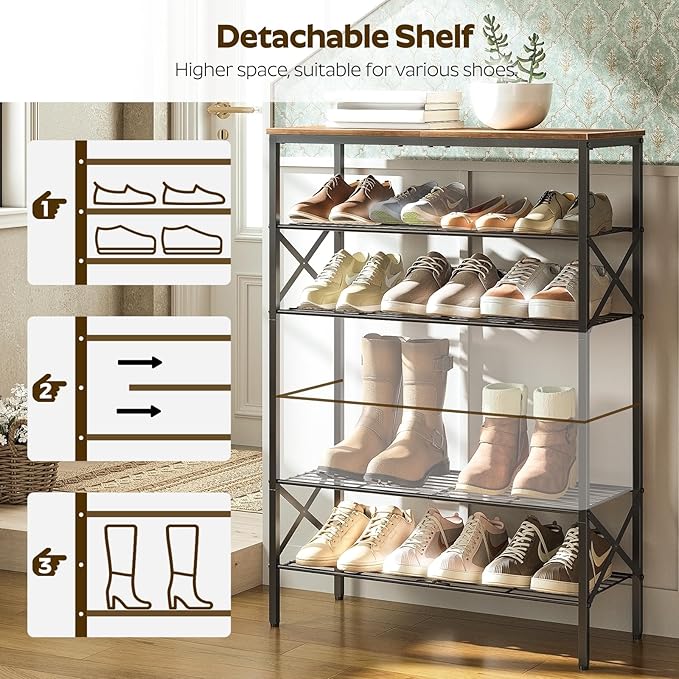 6-Tier Shoe Rack, Shoe Storage Organizer for Closet, Free Standing Shoe Organizer with Metal Mesh Shelves, 24 Pairs of Shoes, Rustic Brown and Black SS06BR-NeatNest