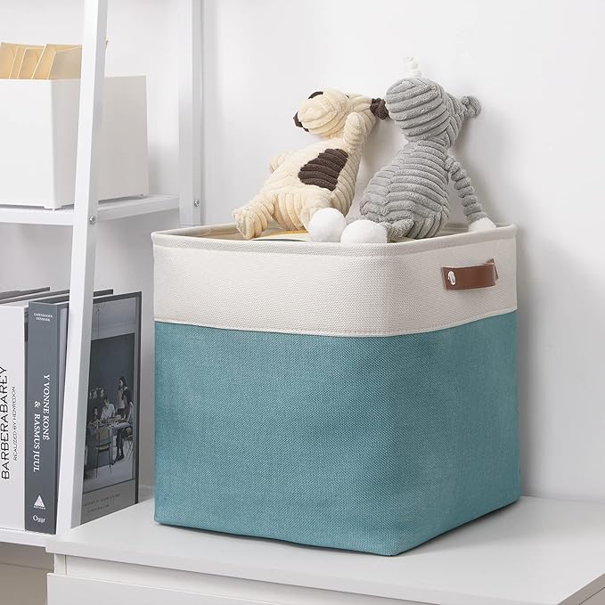 DULLEMELO Cube Basket for Storage, Collapsible Fabric Cube for Organizing, Storage Cube for Closet, Laundry, Nursery, Shelves, Decorative Basket for Gifts Empty (White&Teal)-NeatNest