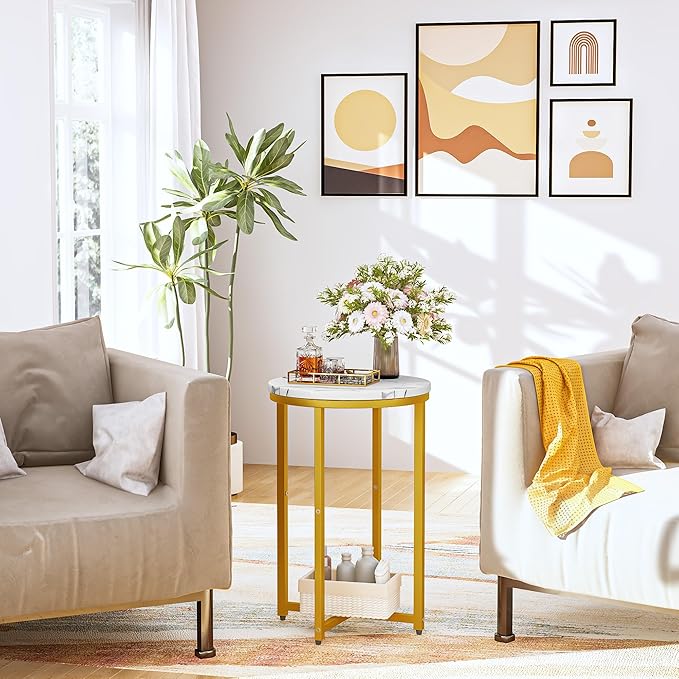 DKLGG Modern Gold Side Table Set of 2, Small Coffee Table Round End Table with Gold Frame, Faux Marble Side Table Bedside Table for Living Room, Bedroom, Small Space, 16" D*24" H