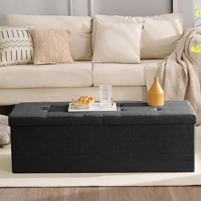 CUYOCA 45.3 Inches Storage Ottoman Bench Foldable Seat Footrest Shoe Bench End of Bed Storage with Flipping Lid, 166L Storage Space, Linen Fabric Black-NeatNest