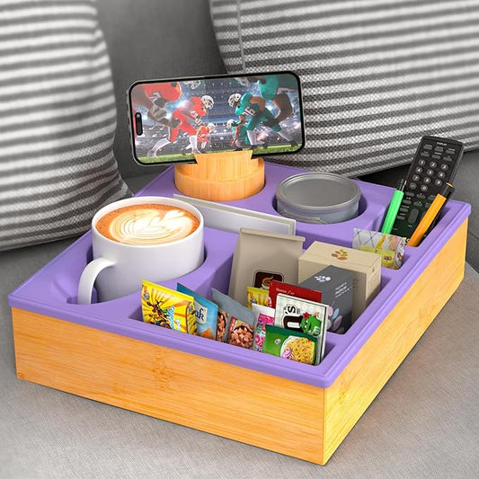 Couch Cup Holder Tray - Couch Organizer Caddy, Silicone Beach Caddy with Cup Holder, Sofa and Bed Drink Holder and Couch Tray Table for Snacks Beverage Remote (Purple)-NeatNest