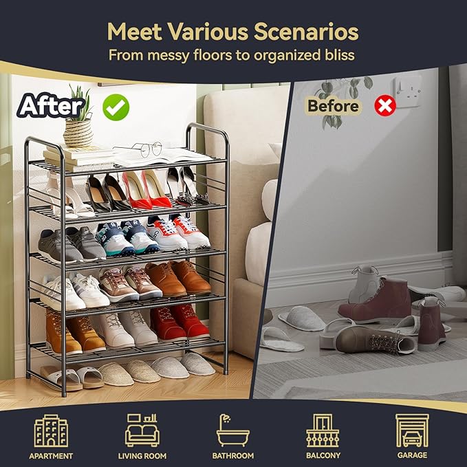 5-Tier 27” Wide Shoe Rack for Closet, Metal Stackable Shoe Shelf Organizer, Holds 18 Pairs Large Capacity, Black-NeatNest