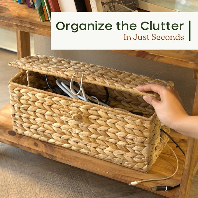 2-Pack Wicker Cable Management Box, Handmade Water Hyacinth Cable Organizer with Lid, Cord Hider Basket with 2 Slots for TV Wires, Power Strips, Surge Protector