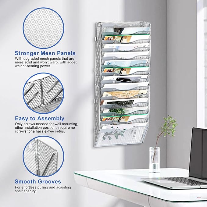 EasyPAG 14 Pocket Wall File Organizer, Silver | Metal Mesh Wall Mounted File Holder | Assembly Hanging Mail Organizer | Replaceable Classify Labels | Office Home Letter Size Paper Storage