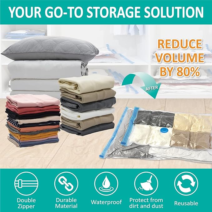 16 Pack Vacuum Storage Bags, Space Saver Bags (2Jumbo/2Large/3Medium/3Small/6Roll) Compression Storage Bags for Comforters and Blankets, Vacuum Sealer Bags for Clothes Storage, Hand Pump Included-NeatNest
