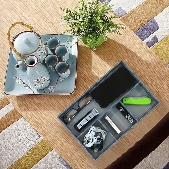 Desktop Storage Organizer, Bedside Table or Storage rack Leather Tray, Valet Tray, Dresser Organizer, 4 Compartments,PU Leather Drawer Storage Organizer Decorative Trays. (gray)-NeatNest