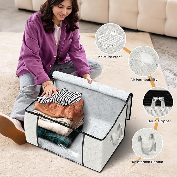 Fab totes 8 Pack Clothes Storage, Foldable Thick Fabric Blanket Storage Bags, Containers for Organizing Bedroom, Closet, Clothing, Comforter,Organization with Handle,Ivory White-NeatNest