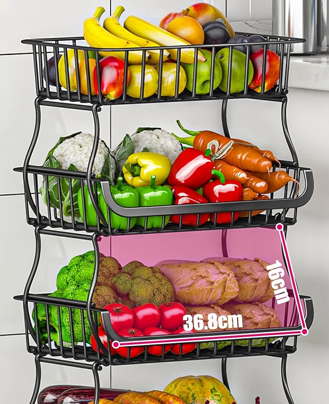 MURRI&MURRDI Fruit Vegetable Storage Baskets with Wheels, 6 Tier Stackable Wire Storage Baskets with Wheels Produce Basket for Kitchen Rack Storage Cart for Pantry Snack Cart (A Black 6 Layer)