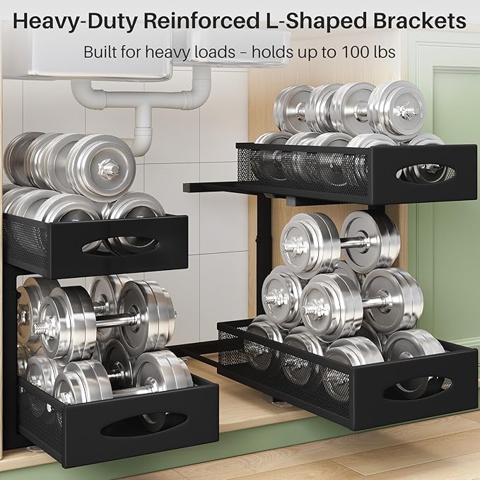 Under Sink Organizer, 2 Pack 2 Tier Pull out Cabinet Organizer Baskets with Mesh Sliding Drawers, Slide out Sink Storage Shelves for Home, Kitchen, Bathroom, Pantry, Office Organizers and Storag,Black-NeatNest